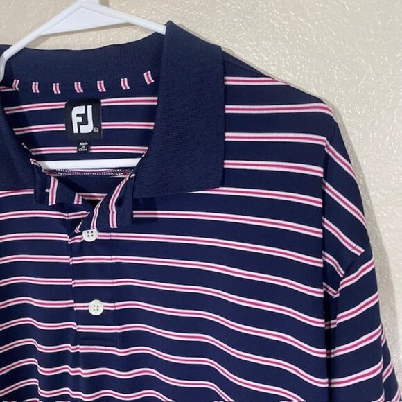 FootJoy Golf Polo Shirt Mens XL Navy Pink Striped Polyester Stretch Knit FJ - Picture 2 of 5